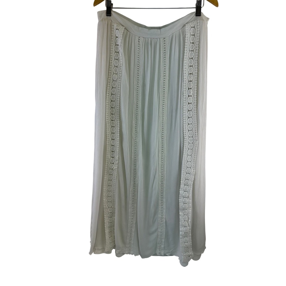 Vanity Maxi Skirt White Boho Crochet Lace Trim Gauze Pull On Long Lined Women XL